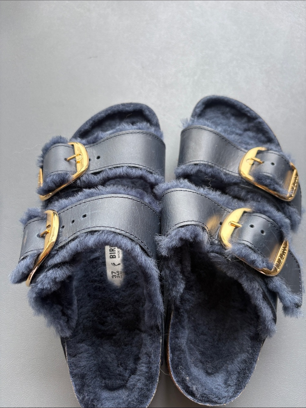 Birkenstock Navy Shearling-Lined Double Buckle Slides with Gold Buckles